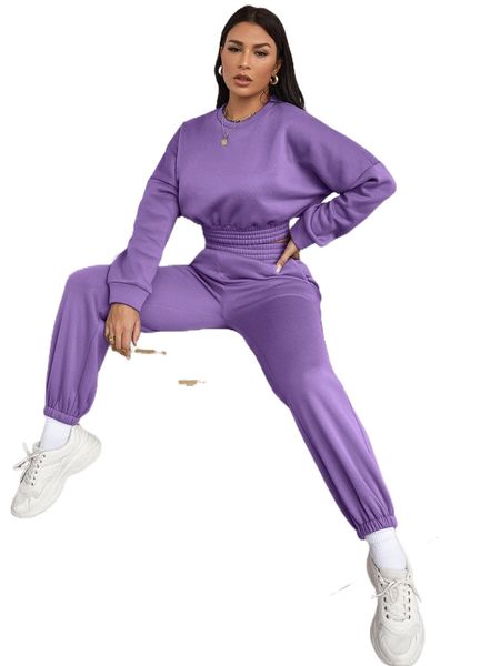 drop shoulder crop thermal pullover & sweatpants set 376o#, White