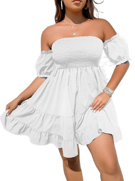 plus off the shoulder shirred ruffle hem dress f0dp#, Black
