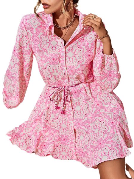 random allover print belted shirt dress i8mk#, Black;gray
