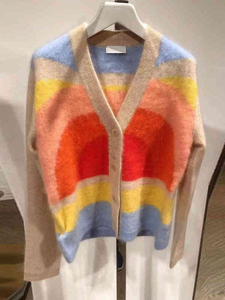 women's knits tees foreign style color matching v-neck rainbow wool sweater french minority autumn long sleeve coat women, White
women's knits tees foreign style color matching v-neck rainbow wool sweater french minority autumn long sleeve coat women, White
