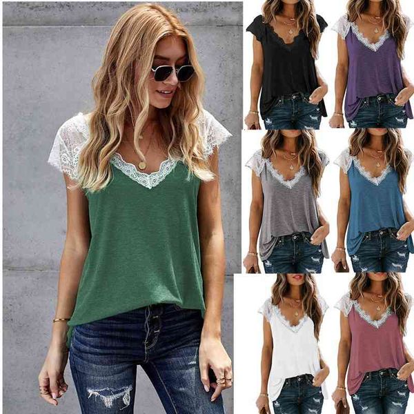 women's t-shirt 2022 pop wear casual lace spliced v-neck short sleeved women xj0d, White
women's t-shirt 2022 pop wear casual lace spliced v-neck short sleeved women xj0d, White