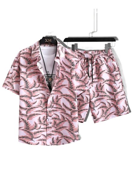 men allover plants print shirt & drawstring waist shorts without tee n1ov#, Gray