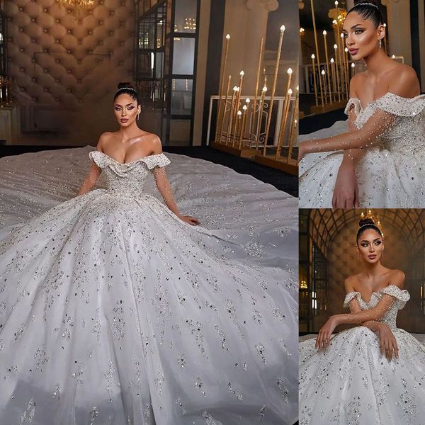 luxurious arabic crystals wedding dresses ball gown off the shoulder lace sequins beads bridal dress custom made, White
luxurious arabic crystals wedding dresses ball gown off the shoulder lace sequins beads bridal dress custom made, White