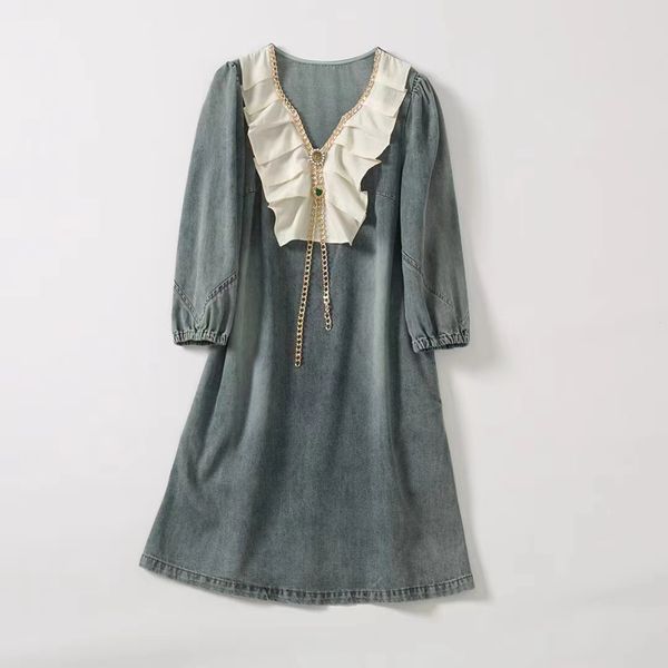 european and american women's wear spring 2022 new 7 minutes of sleeve chain v-neck flounces fashionable denim dress, Black;gray
european and american women's wear spring 2022 new 7 minutes of sleeve chain v-neck flounces fashionable denim dress, Black;gray