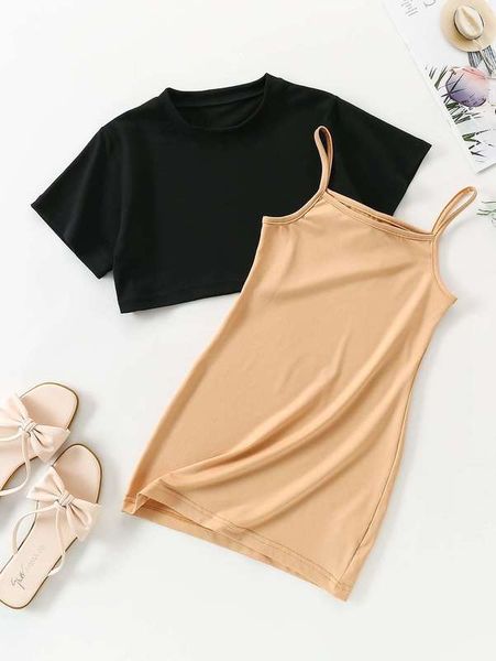 girls mock neck tee & cami dress she, White 
girls mock neck tee & cami dress she, White