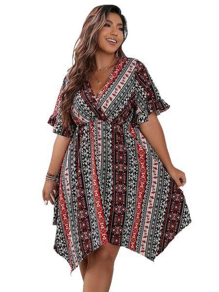 plus floral print flounce sleeve asymmetrical hem dress o4m7#, Black
plus floral print flounce sleeve asymmetrical hem dress o4m7#, Black