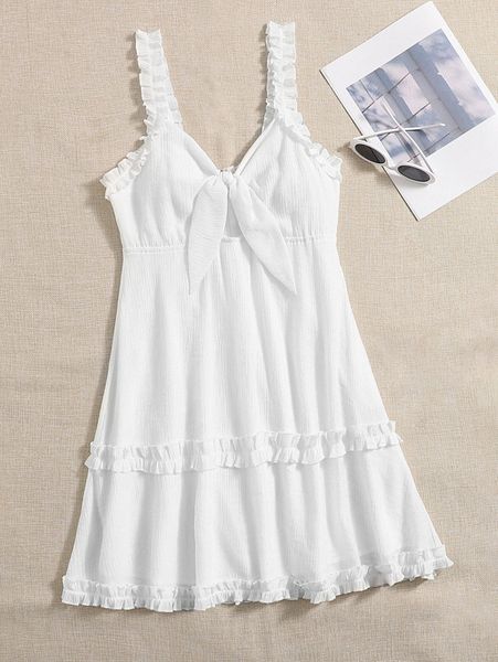 solid ruffle detail tie front tank dress w16l#, Black;gray