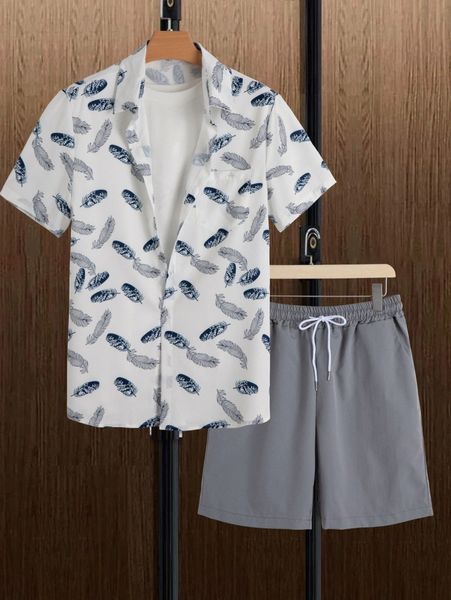 men feather print shirt & drawstring waist shorts without tee o3el#, Gray
men feather print shirt & drawstring waist shorts without tee o3el#, Gray