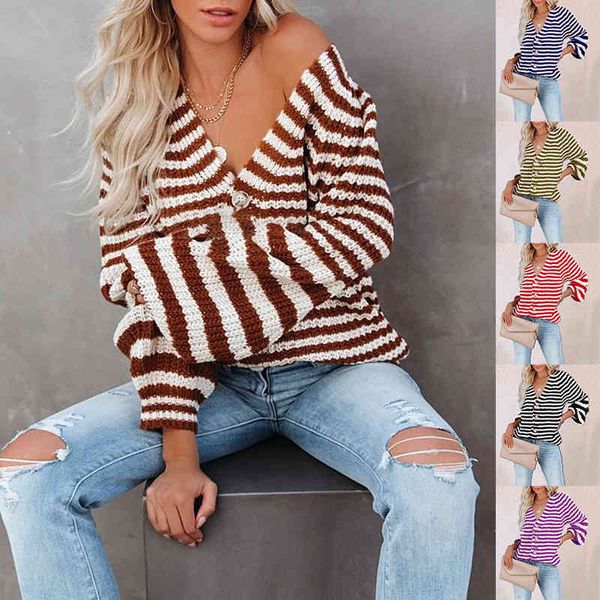 women's knits tees autumn and winter 2022 striped sweater large loose lazy brown single breasted v-neck cardigan vwup, White
women's knits tees autumn and winter 2022 striped sweater large loose lazy brown single breasted v-neck cardigan vwup, White