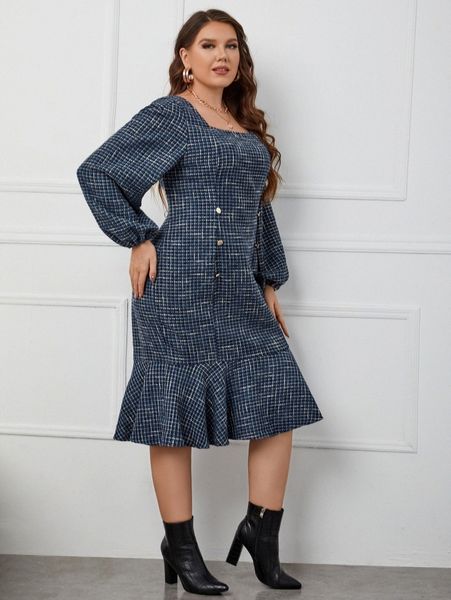 plus plaid pattern lantern sleeve fake button mermaid hem tweed dress 89mh#, Black
plus plaid pattern lantern sleeve fake button mermaid hem tweed dress 89mh#, Black