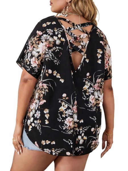 plus floral print crisscross batwing sleeve blouse c12b#, Black