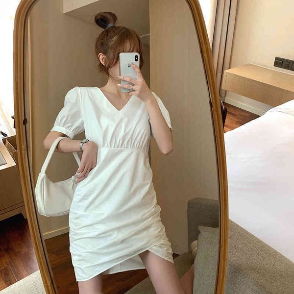 3 sizes black white solid vneck puff sleeve hight waist short simple french style summer women dresses 210426, Black;gray
3 sizes black white solid vneck puff sleeve hight waist short simple french style summer women dresses 210426, Black;gray
