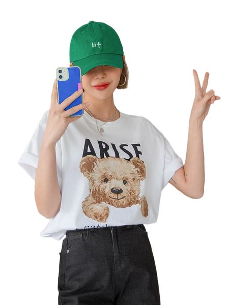 dazy slogan & bear print tee b09w#, White 
dazy slogan & bear print tee b09w#, White