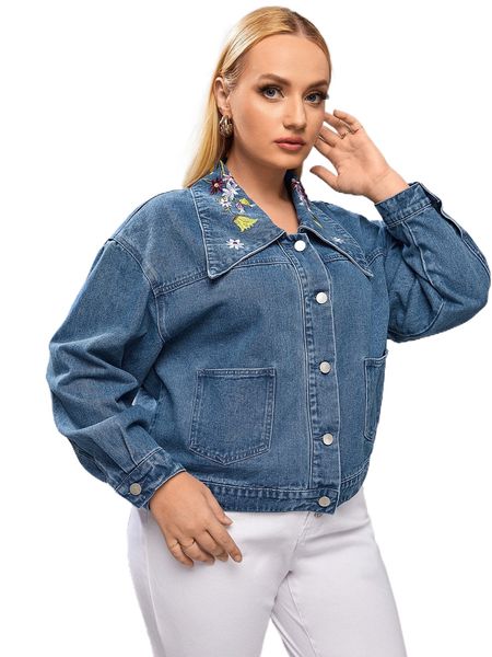 plus floral embroidered drop shoulder patched pocket denim jacket x7y6#, Black;brown
plus floral embroidered drop shoulder patched pocket denim jacket x7y6#, Black;brown