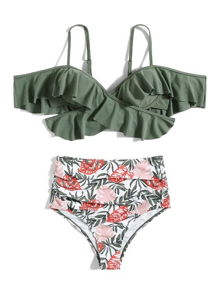 criss cross ruffle hem bikini swimsuit g6i6#, White;black 
criss cross ruffle hem bikini swimsuit g6i6#, White;black