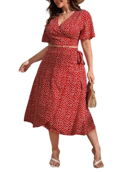plus ditsy floral tie back wrap & skirt k9nt#, Black