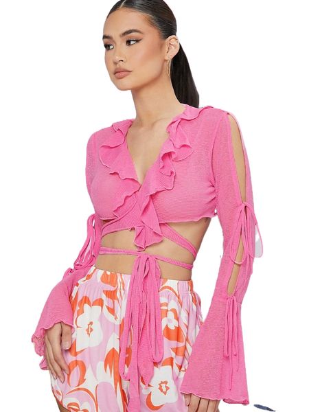 ruffle trim lace up k0oe#, White