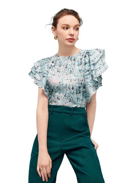 x chanda redux allover print layered sleeve blouse z5mr#, White