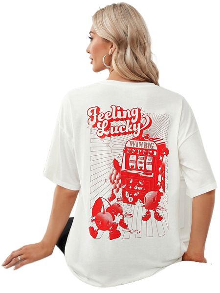 x shan z and friends cartoon & slogan graphic drop shoulder tee 20d1#, White