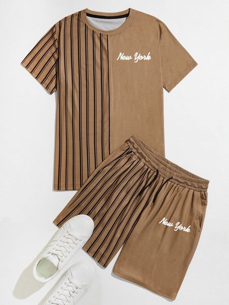 romwe guys striped letter graphic tee & drawstring shorts l5lp#, Gray 
romwe guys striped letter graphic tee & drawstring shorts l5lp#, Gray