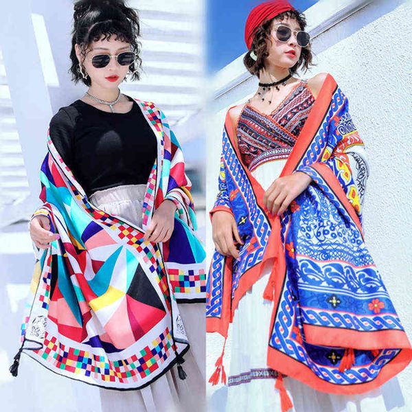 ethnic style scarf seaside tourism beach towel printed silk sunscreen shawl cotton linen bib, Blue;gray