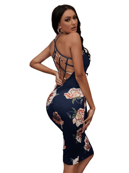 sxy floral print criss cross backless bodycon dress v6dh#, Black;gray