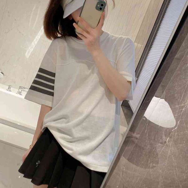 european large t-shirt men's women's summer new four bar loose medium and long knitted short sleeved top, White
european large t-shirt men's women's summer new four bar loose medium and long knitted short sleeved top, White