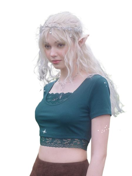 romwe fairy grunge solid contrast lace ribbed crop t08l#, White 
romwe fairy grunge solid contrast lace ribbed crop t08l#, White