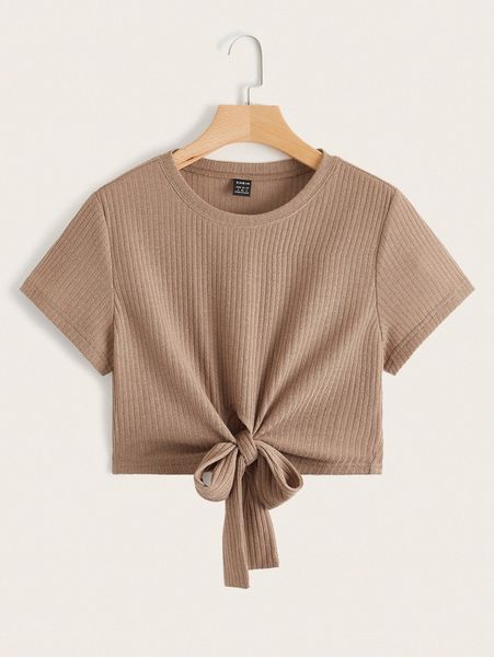 tie front rib-knit crop tee u0lf#, White
tie front rib-knit crop tee u0lf#, White