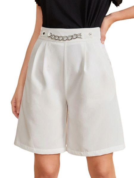 chain detail fold pleated shorts w60m#, White;black 
chain detail fold pleated shorts w60m#, White;black