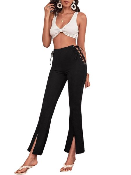 grommet lace up split hem pants w1ba#, Black;white
grommet lace up split hem pants w1ba#, Black;white