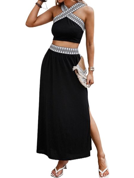 contrast chevron tape crop & split thigh skirt a5ct#, White 
contrast chevron tape crop & split thigh skirt a5ct#, White