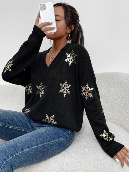 contrast sequins snowflake pattern drop shoulder sweater f0ao#, White;black 
contrast sequins snowflake pattern drop shoulder sweater f0ao#, White;black