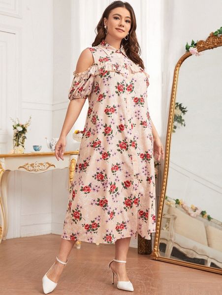 plus floral print cold shoulder dress 52ud#, Black