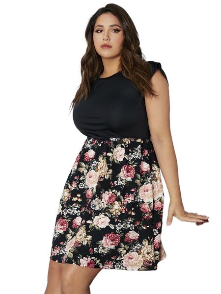 plus floral print ruffle trim dress k7vg#, Black
plus floral print ruffle trim dress k7vg#, Black