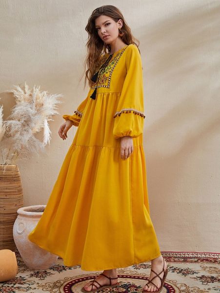 floral embroidery tie neck lantern sleeve dress z9ma#, Black;gray
floral embroidery tie neck lantern sleeve dress z9ma#, Black;gray