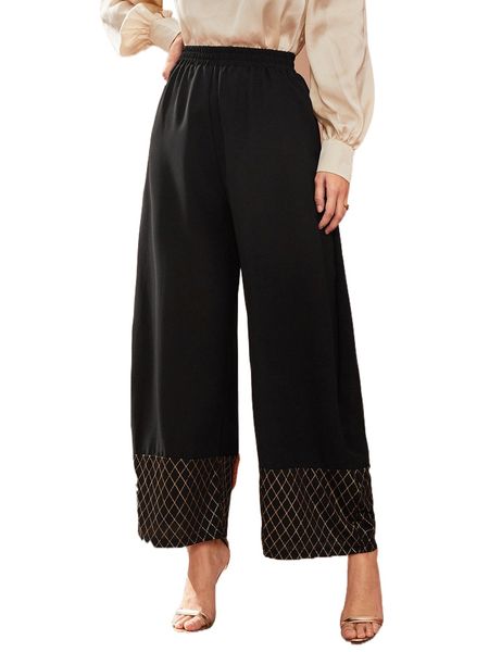 grid panel wide leg pants a63o#, Black;white