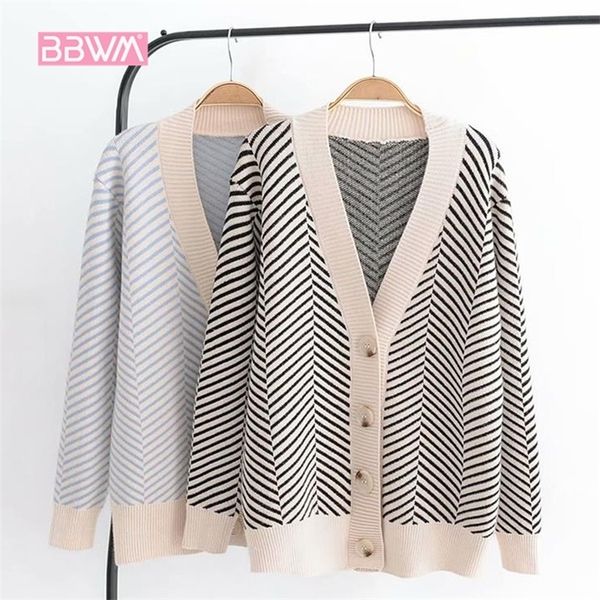 autumn womens sweater korean version of the loose striped sweater cardigan longsleeved vneck versatile jacket 201221, White;black
autumn womens sweater korean version of the loose striped sweater cardigan longsleeved vneck versatile jacket 201221, White;black