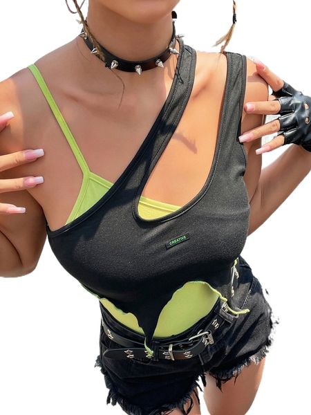 colorblock letter patch detail asymmetrical neck 2 in 1 l7be#, White
colorblock letter patch detail asymmetrical neck 2 in 1 l7be#, White