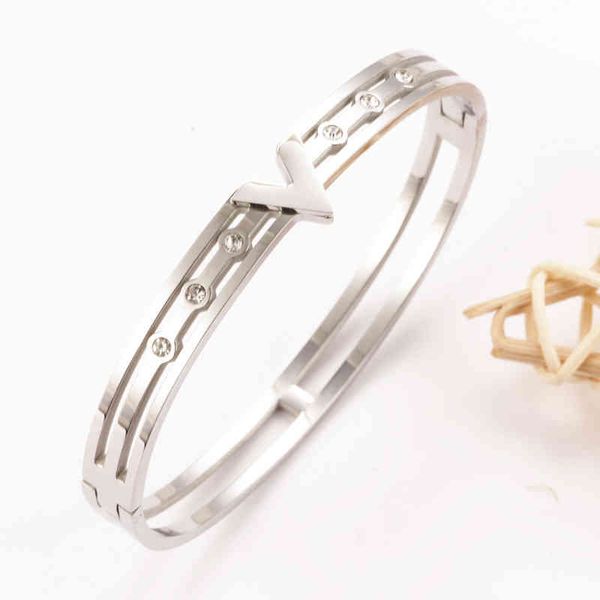net red same steel color stainless double ring bracelet with diamond v-shaped bracelet, White
net red same steel color stainless double ring bracelet with diamond v-shaped bracelet, White