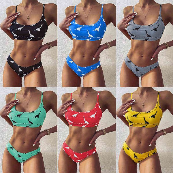 u-neck dinosaur print bikini split swimsuit women, White;black