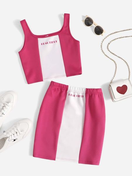 teen girls letter graphic colorblock tank and skirt set she, White
teen girls letter graphic colorblock tank and skirt set she, White