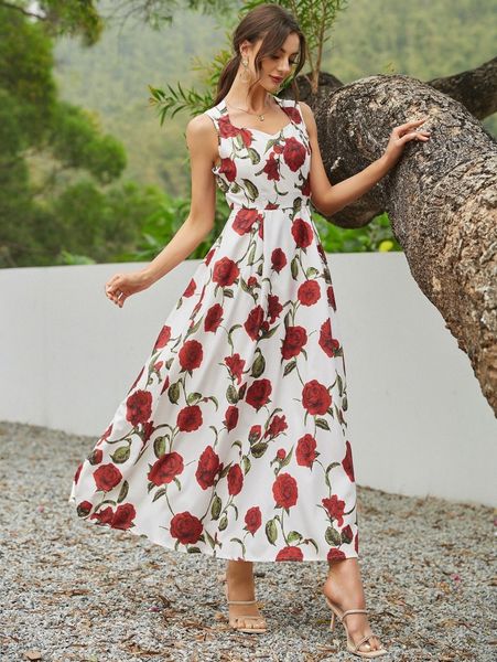 rose print sweetheart neck dress j8kd#, Black;gray 
rose print sweetheart neck dress j8kd#, Black;gray