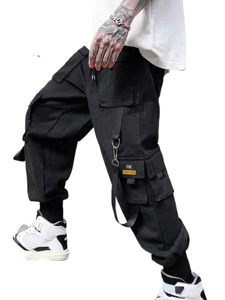 men letter patch detail flap pocket drawstring waist cargo pants m2gp#, Black 
men letter patch detail flap pocket drawstring waist cargo pants m2gp#, Black