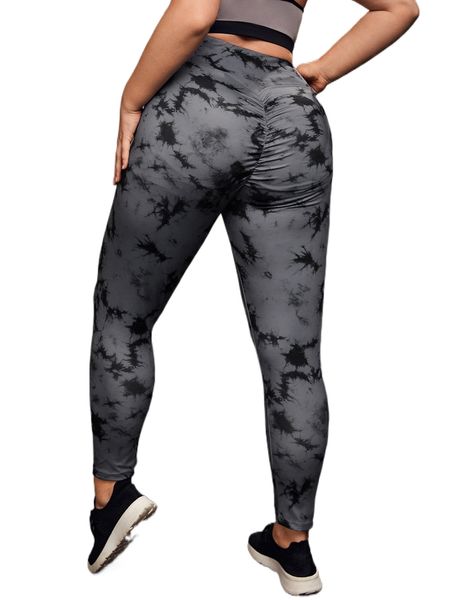 plus four-way stretch tie dye wide waistband sports leggings z172#, Black 
plus four-way stretch tie dye wide waistband sports leggings z172#, Black
