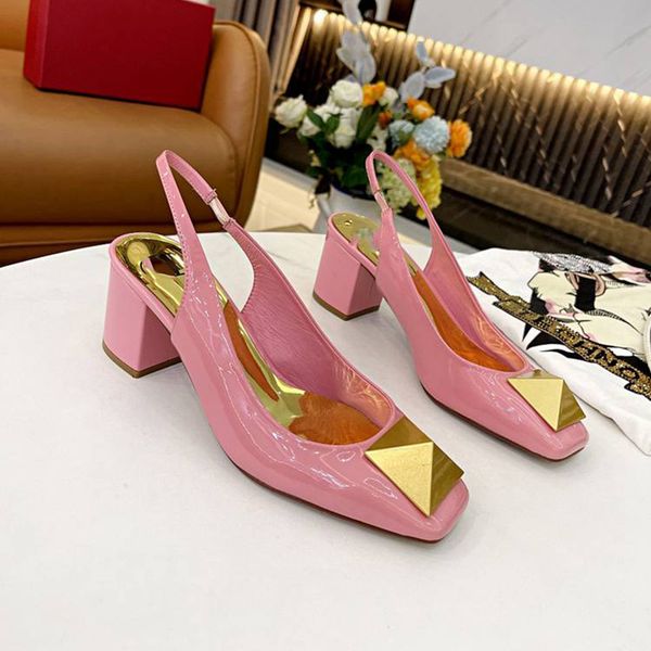 

slingback women sandals fashion big rivets chunky heels 6.5 9cm real patent leather dress shoes square toe pumps, Black