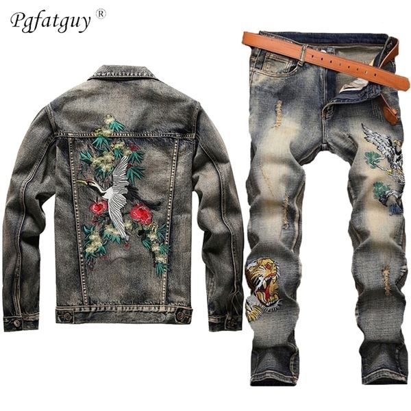 men vintage sets embroidered red crowned crane hole distressed jackets embroidered tiger jeans mens clothing 2 piece set 201109, Gray
men vintage sets embroidered red crowned crane hole distressed jackets embroidered tiger jeans mens clothing 2 piece set 201109, Gray