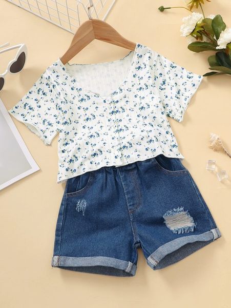 toddler girls ditsy floral & ripped denim shorts she, White