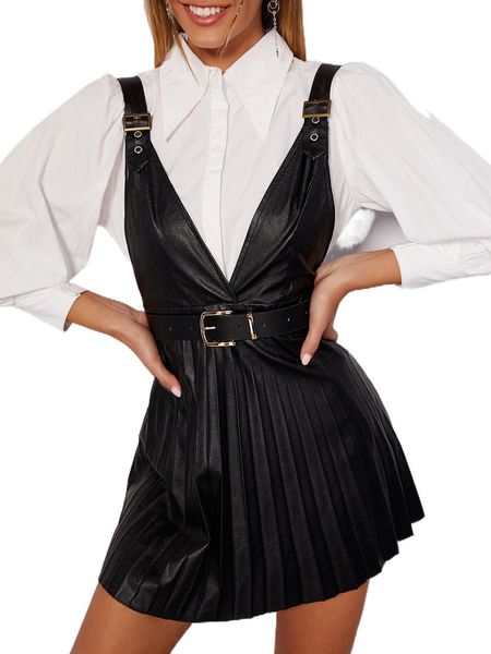 cross wrap buckled pleated overall dress without blouse z4m5#, Black;gray
cross wrap buckled pleated overall dress without blouse z4m5#, Black;gray