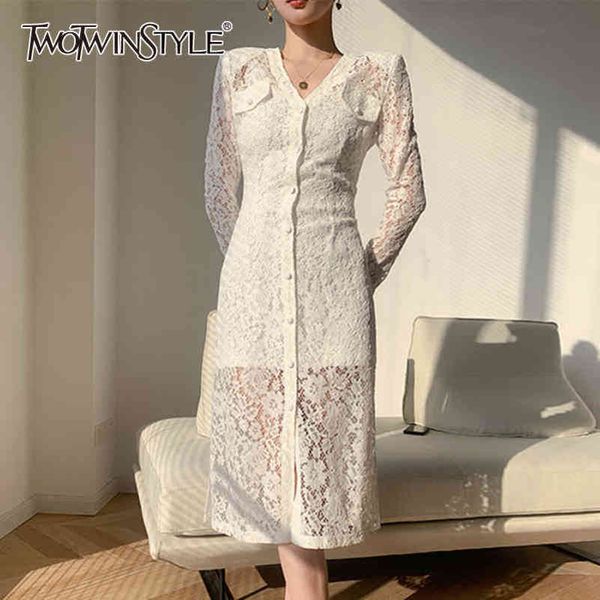 elegant patchwork lace dress for women v neck long sleeve high waist hollow out spring dresses female fashion 210423, Black;gray 
elegant patchwork lace dress for women v neck long sleeve high waist hollow out spring dresses female fashion 210423, Black;gray